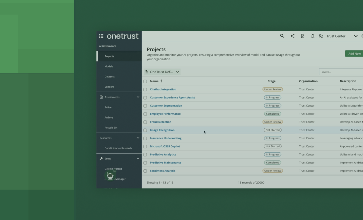 Captura de tela da plataforma OneTrust